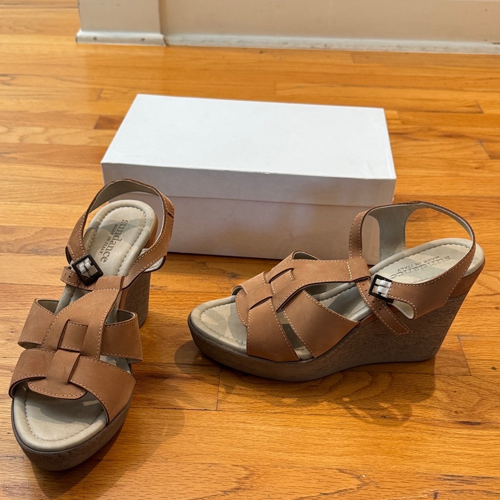 Sundance Brown Tan Wedge Sandals with Buckle Strap